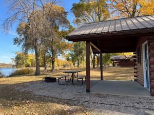 Mill Creek park six person cabin view facing the lake 